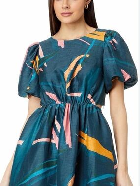 Vineyard Vines silk linen Teal Abstract Print Puff-Sleeve Midi Dress